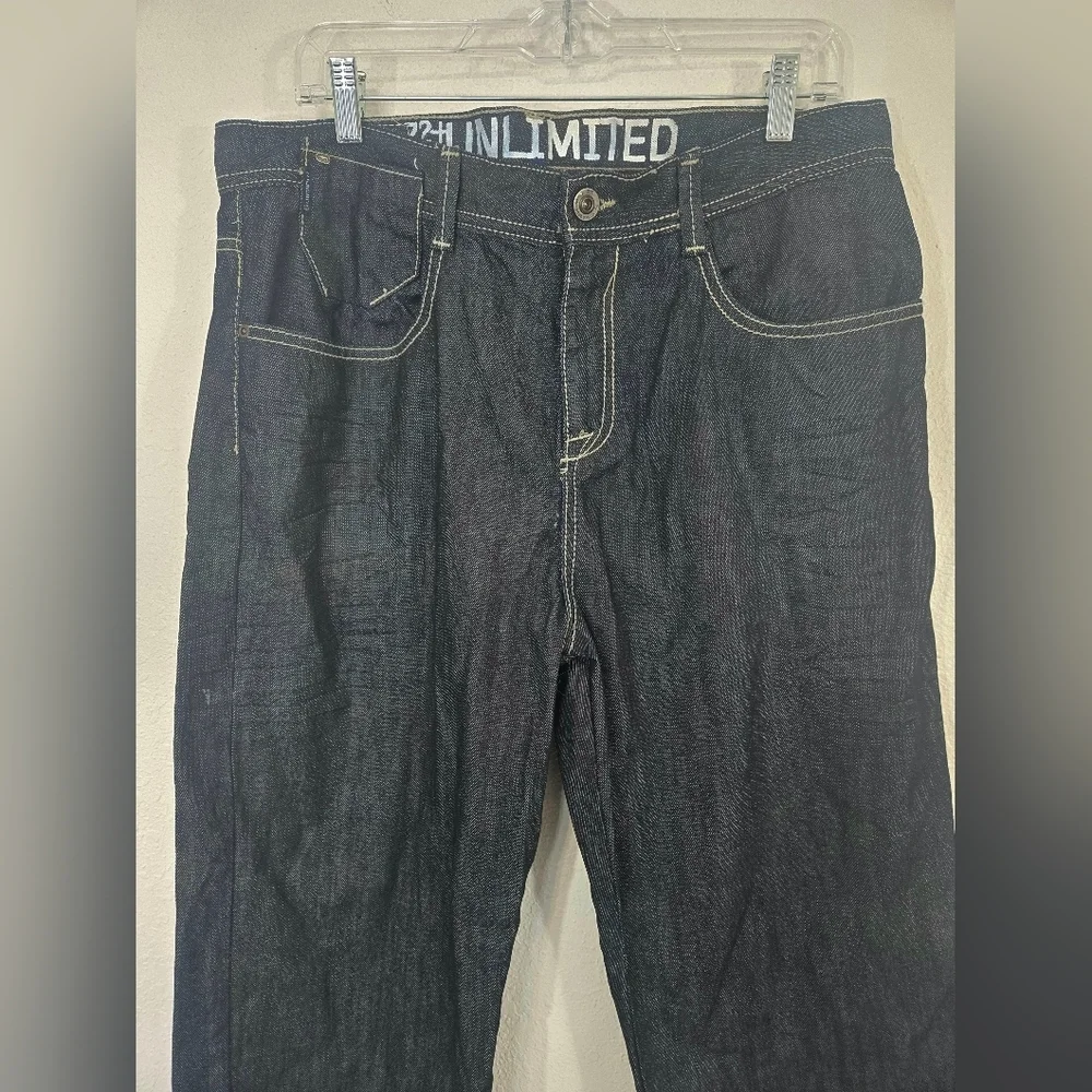 Ecko Unlimited Men's 72+ Loose Fit Jeans Blue/Black Grunge Y2K Skater, 34/32